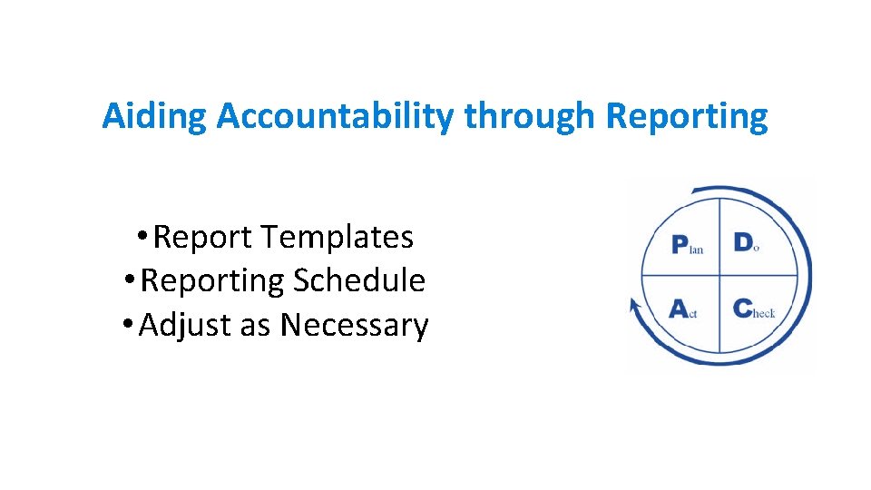 Aiding Accountability through Reporting • Report Templates • Reporting Schedule • Adjust as Necessary