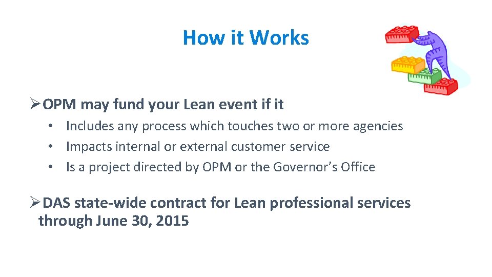 How it Works ØOPM may fund your Lean event if it • Includes any