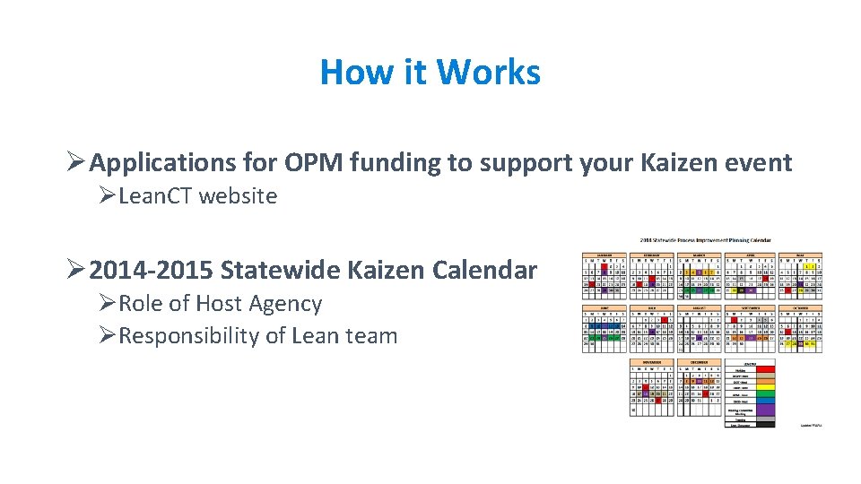 How it Works ØApplications for OPM funding to support your Kaizen event ØLean. CT