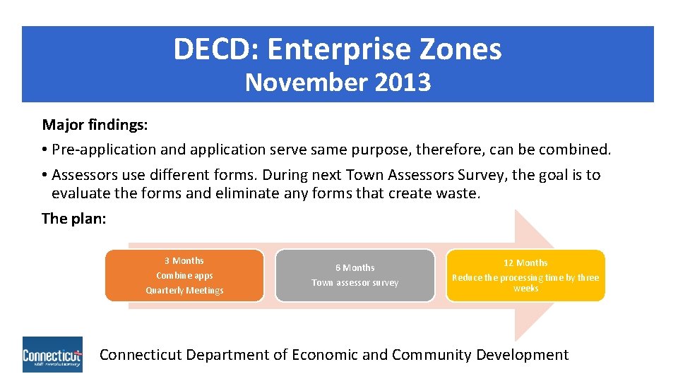 DECD: Enterprise Zones November 2013 Major findings: • Pre-application and application serve same purpose,