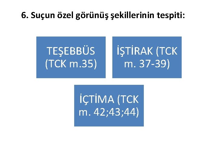 6. Suçun özel görünüş şekillerinin tespiti: TEŞEBBÜS (TCK m. 35) İŞTİRAK (TCK m. 37