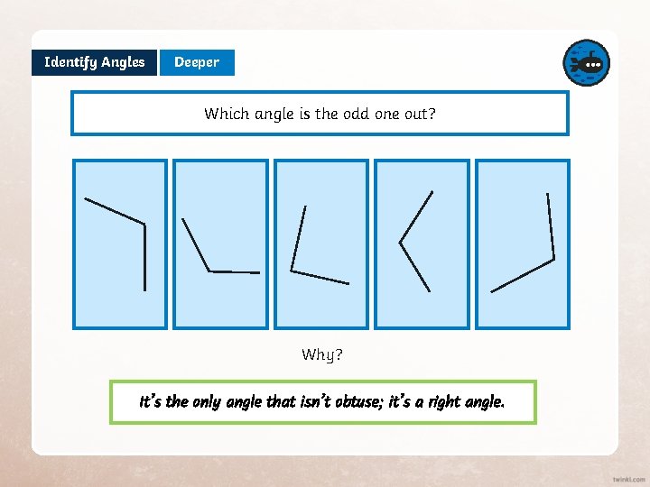 Identify Angles Deeper Which angle is the odd one out? Why? It’s the only