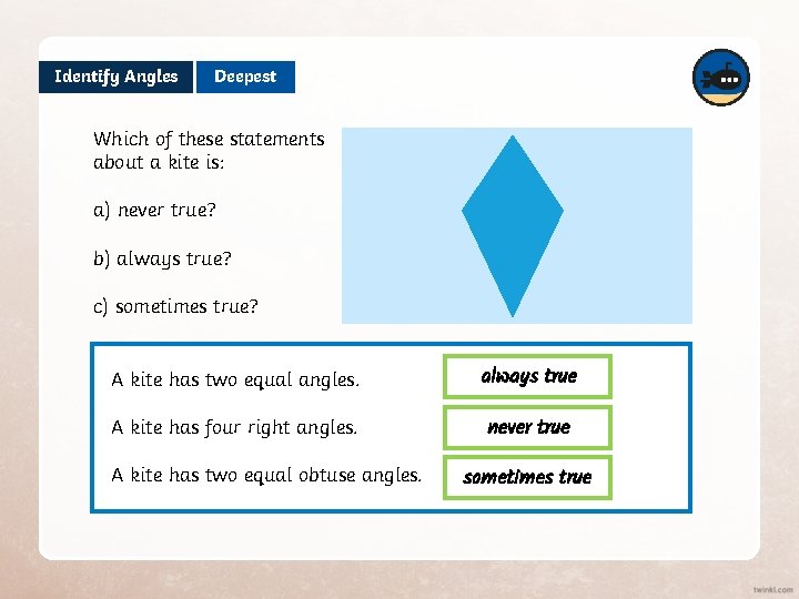 Identify Angles Deepest Which of these statements about a kite is: a) never true?