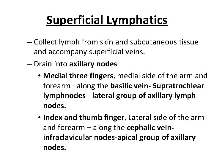 Superficial Lymphatics – Collect lymph from skin and subcutaneous tissue and accompany superficial veins.