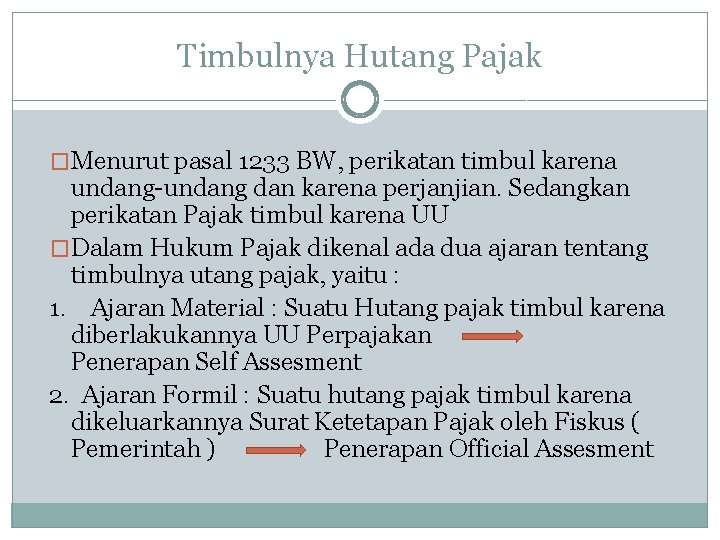 Timbulnya Hutang Pajak �Menurut pasal 1233 BW, perikatan timbul karena undang-undang dan karena perjanjian.