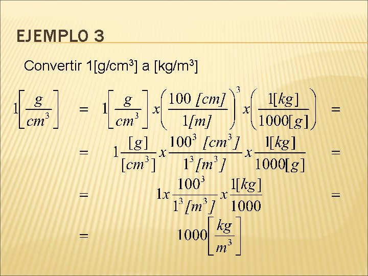 EJEMPLO 3 Convertir 1[g/cm 3] a [kg/m 3] 