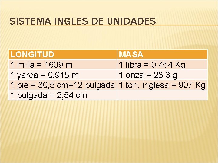 SISTEMA INGLES DE UNIDADES LONGITUD 1 milla = 1609 m 1 yarda = 0,