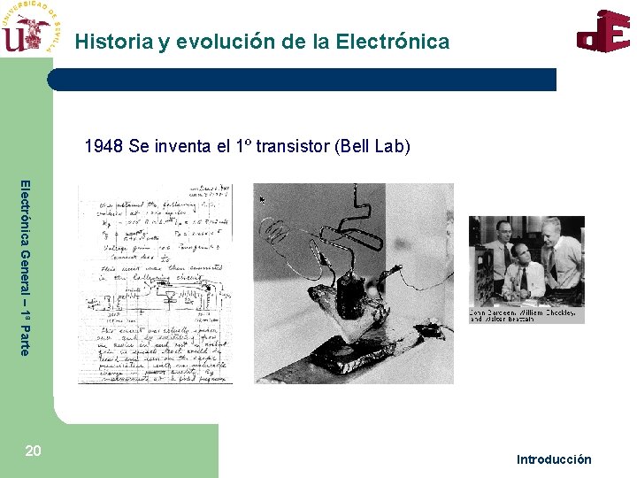 Historia y evolución de la Electrónica 1948 Se inventa el 1º transistor (Bell Lab)