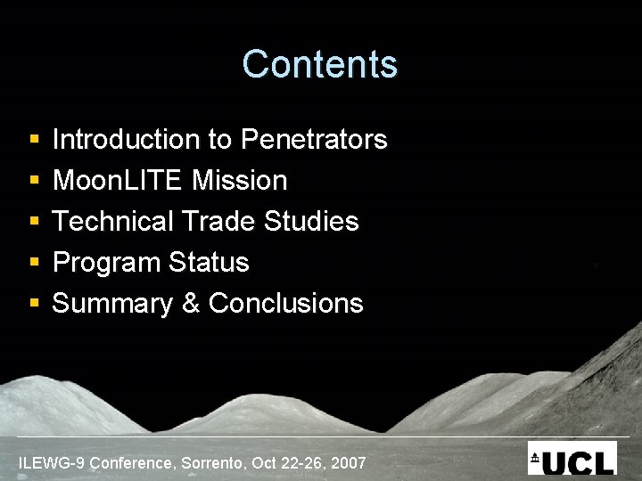Contents § § § Introduction to Penetrators Moon. LITE Mission Technical Trade Studies Program