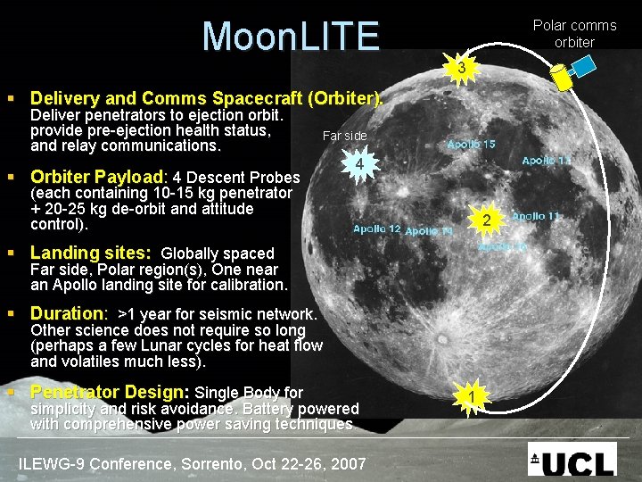Moon. LITE Polar comms orbiter 3 § Delivery and Comms Spacecraft (Orbiter). Deliver penetrators