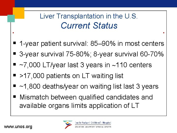 Liver Transplantation in the U. S. Current Status § § § 1 -year patient Liver Transplantation in the U. S. Current Status § § § 1 -year patient