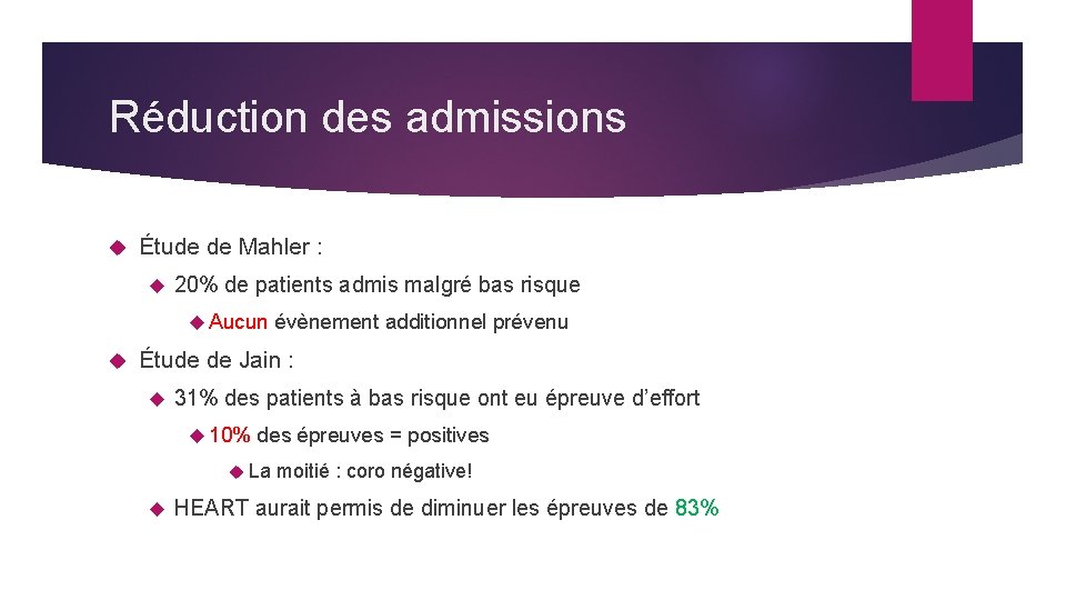 Réduction des admissions Étude de Mahler : 20% de patients admis malgré bas risque