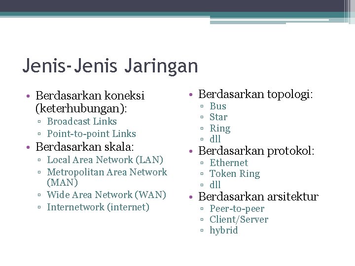 Jenis-Jenis Jaringan • Berdasarkan koneksi (keterhubungan): ▫ Broadcast Links ▫ Point-to-point Links • Berdasarkan