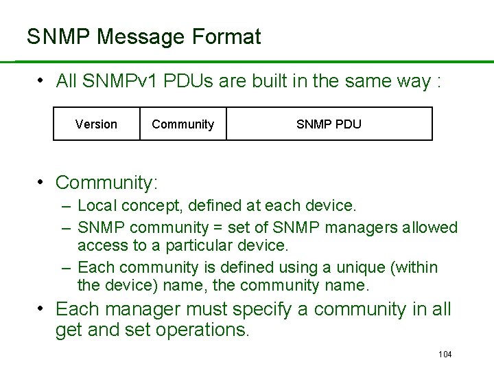 SNMP Message Format • All SNMPv 1 PDUs are built in the same way