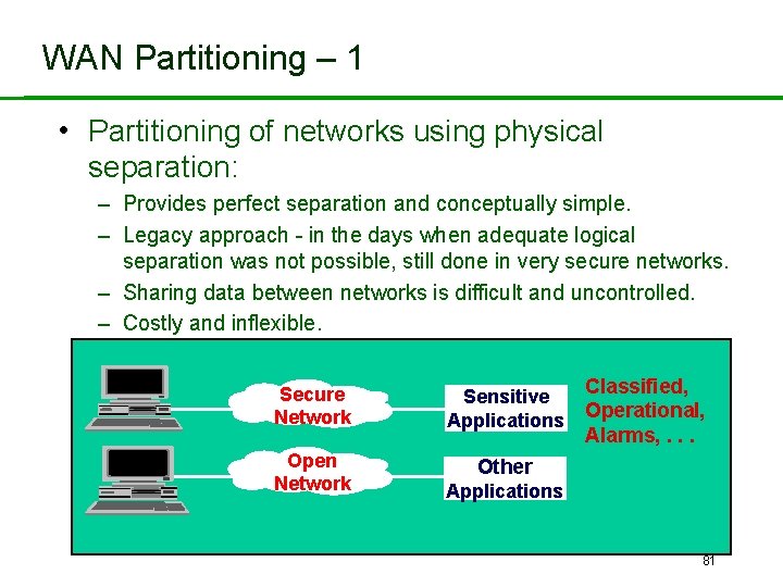WAN Partitioning – 1 • Partitioning of networks using physical separation: – Provides perfect
