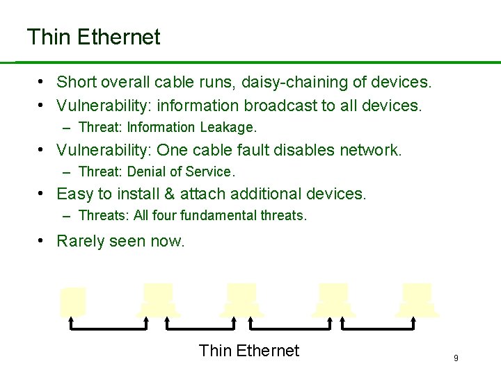 Thin Ethernet • Short overall cable runs, daisy-chaining of devices. • Vulnerability: information broadcast