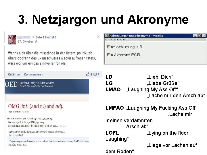 3. Netzjargon und Akronyme LD LG LMAO 3. 12. 2012 „Lieb’ Dich“ „Liebe Grüße“