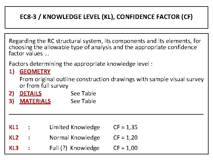 EC 8 -3 / KNOWLEDGE LEVEL (KL), CONFIDENCE FACTOR (CF) Regarding the RC structural