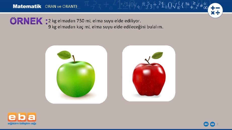 ORAN ve ORANTI 2 kg elmadan 750 m. L elma suyu elde ediliyor. 9