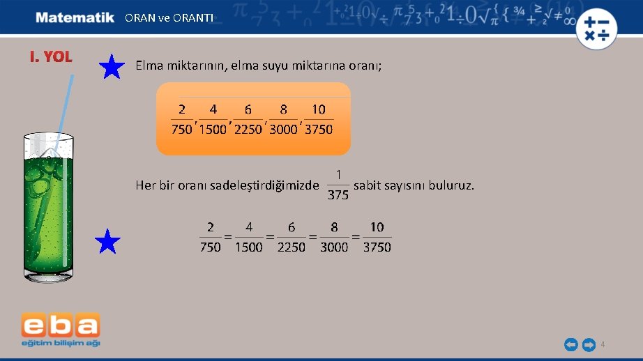 ORAN ve ORANTI I. YOL Elma miktarının, elma suyu miktarına oranı; Her bir oranı