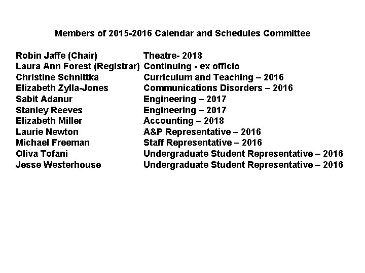 Members of 2015 -2016 Calendar and Schedules Committee Robin Jaffe (Chair) Laura Ann Forest