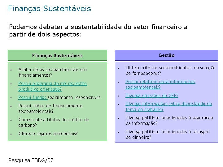 Finanças Sustentáveis Podemos debater a sustentabilidade do setor financeiro a partir de dois aspectos: