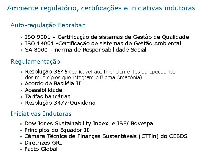 Ambiente regulatório, certificações e iniciativas indutoras Auto-regulação Febraban • • • ISO 9001 –