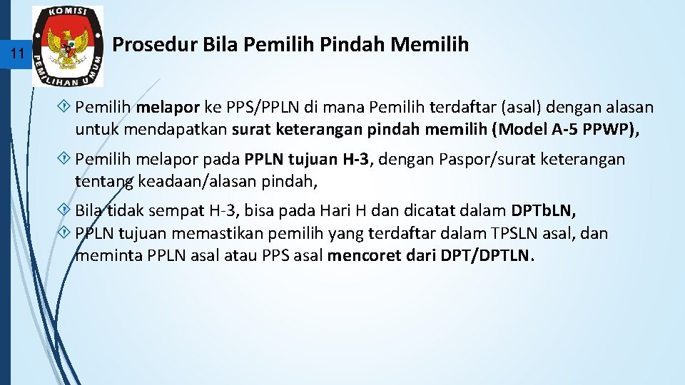 11 Prosedur Bila Pemilih Pindah Memilih Pemilih melapor ke PPS/PPLN di mana Pemilih terdaftar