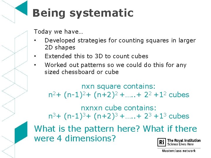 Being systematic Today we have… • Developed strategies for counting squares in larger 2