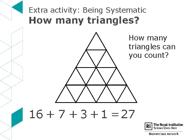 Extra activity: Being Systematic How many triangles? How many triangles can you count? 16