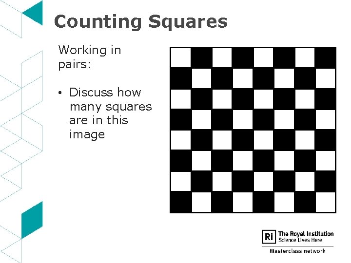 Counting Squares Working in pairs: • Discuss how many squares are in this image