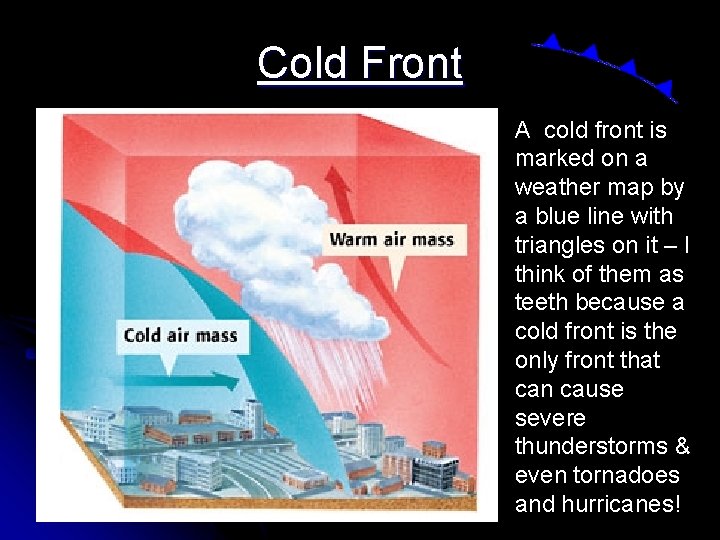 Cold Front A cold front is marked on a weather map by a blue Cold Front A cold front is marked on a weather map by a blue