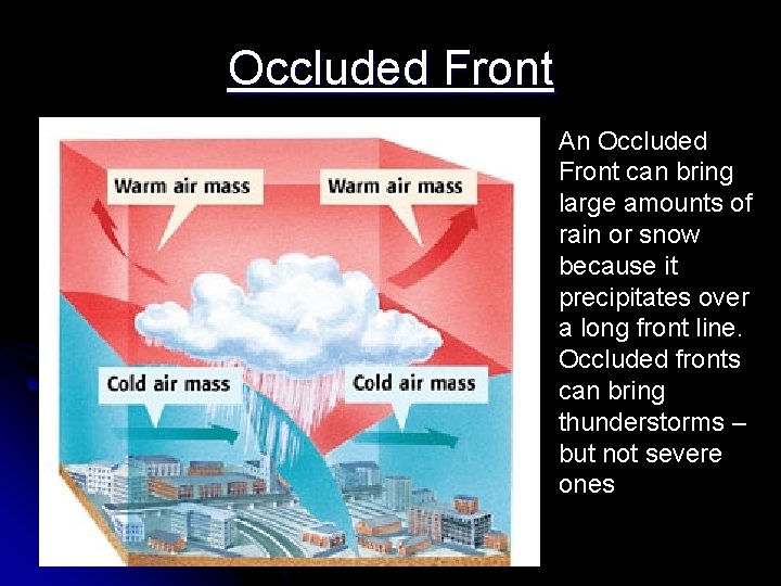 Occluded Front An Occluded Front can bring large amounts of rain or snow because Occluded Front An Occluded Front can bring large amounts of rain or snow because