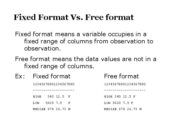 Fixed Format Vs. Free format Fixed format means a variable occupies in a fixed
