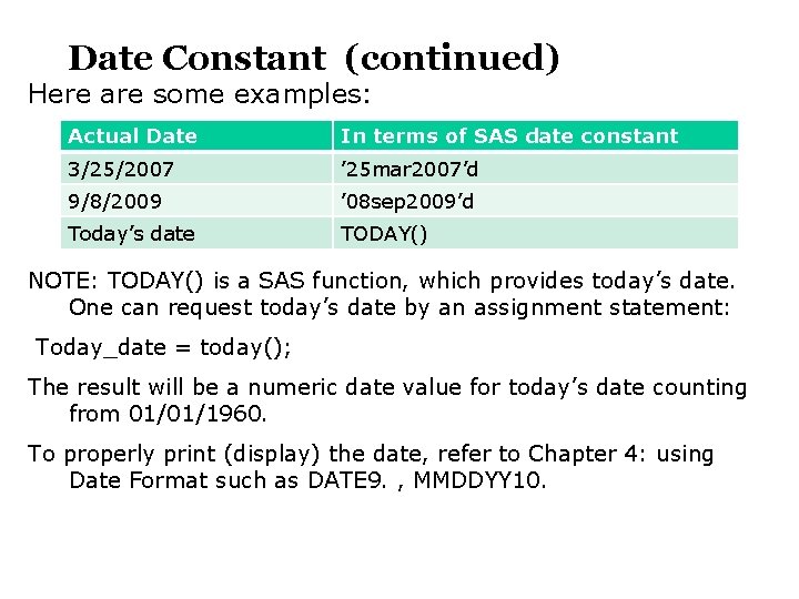 Date Constant (continued) Here are some examples: Actual Date In terms of SAS date