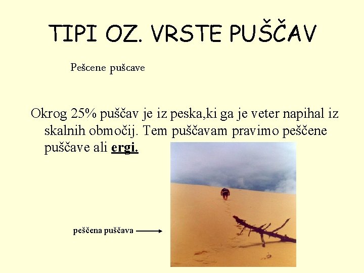 TIPI OZ. VRSTE PUŠČAV Pešcene pušcave Okrog 25% puščav je iz peska, ki ga