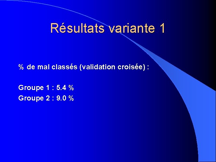 Résultats variante 1 % de mal classés (validation croisée) : Groupe 1 : 5.