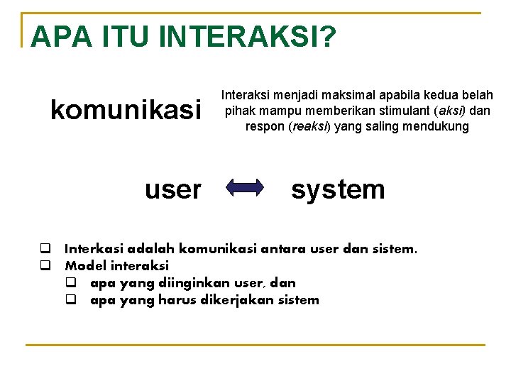 APA ITU INTERAKSI? komunikasi Interaksi menjadi maksimal apabila kedua belah pihak mampu memberikan stimulant