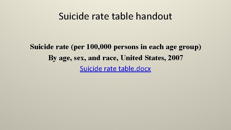 Suicide rate table handout Suicide rate (per 100, 000 persons in each age group)