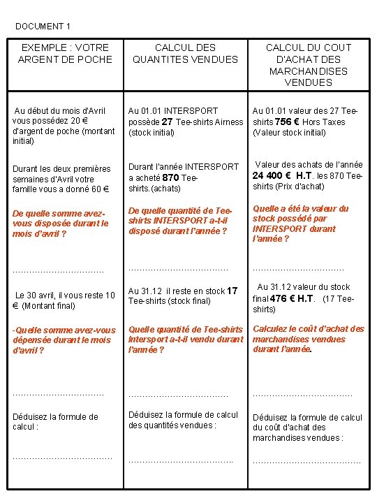 DOCUMENT 1 EXEMPLE : VOTRE ARGENT DE POCHE CALCUL DES QUANTITES VENDUES Au début