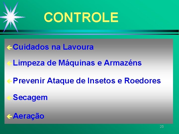 CONTROLE ç Cuidados na Lavoura ç Limpeza de Máquinas e Armazéns ç Prevenir Ataque CONTROLE ç Cuidados na Lavoura ç Limpeza de Máquinas e Armazéns ç Prevenir Ataque