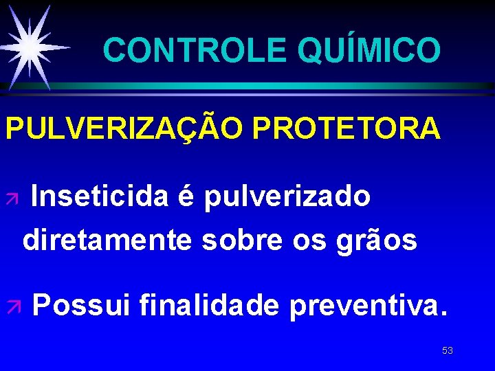 CONTROLE QUÍMICO PULVERIZAÇÃO PROTETORA ä Inseticida é pulverizado diretamente sobre os grãos ä Possui CONTROLE QUÍMICO PULVERIZAÇÃO PROTETORA ä Inseticida é pulverizado diretamente sobre os grãos ä Possui