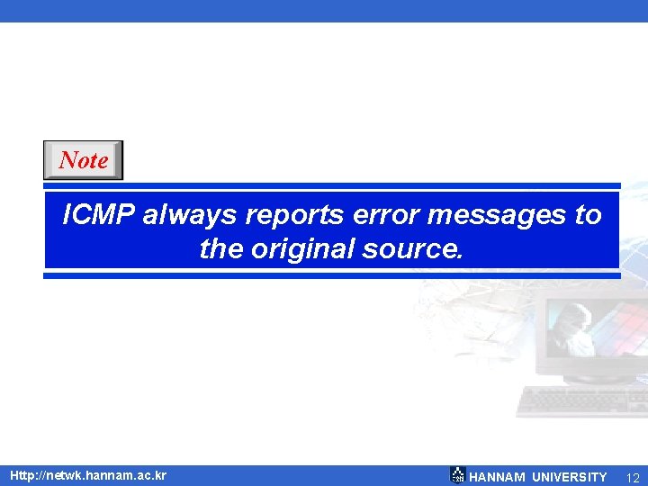 Note ICMP always reports error messages to the original source. Http: //netwk. hannam. ac.