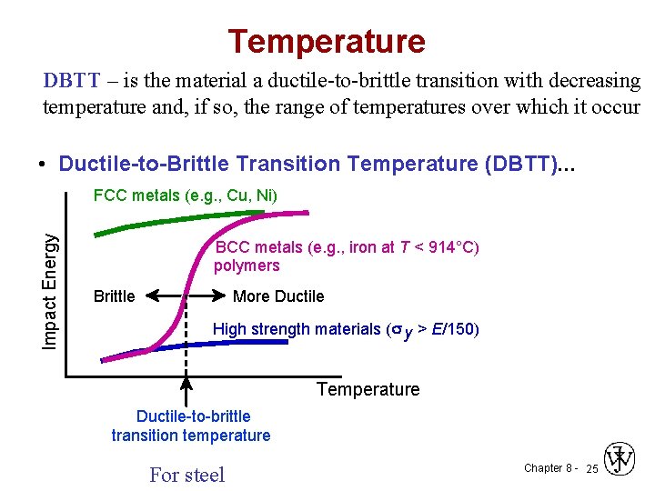 Temperature DBTT – is the material a ductile-to-brittle transition with decreasing temperature and, if