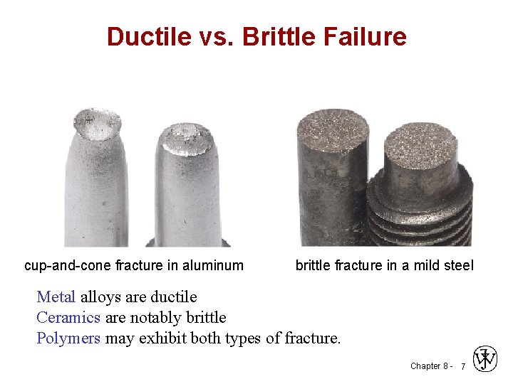 Ductile vs. Brittle Failure cup-and-cone fracture in aluminum brittle fracture in a mild steel