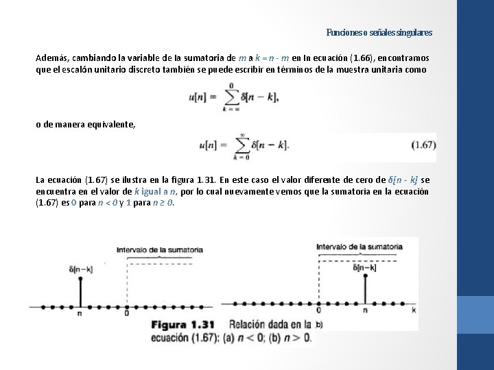 Funciones o señales singulares Además, cambiando la variable de Ia sumatoria de m a