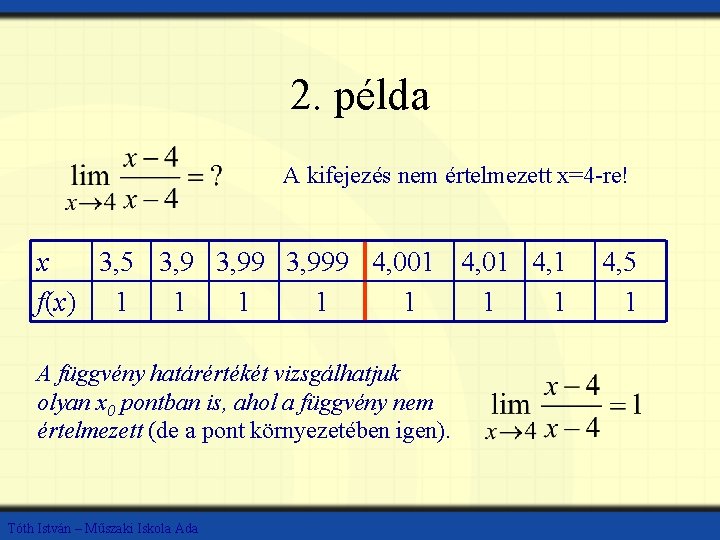 2. példa A kifejezés nem értelmezett x=4 -re! x 3, 5 3, 999 4,