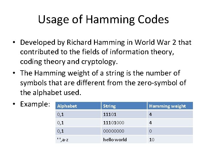 Usage of Hamming Codes • Developed by Richard Hamming in World War 2 that