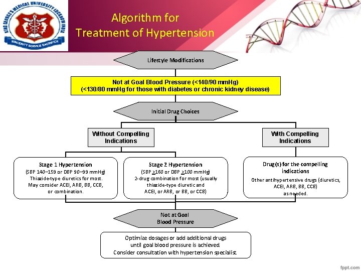 Algorithm for Treatment of Hypertension Lifestyle Modifications Not at Goal Blood Pressure (<140/90 mm.
