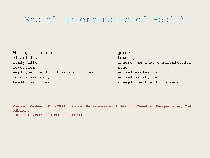 Social Determinants of Health Aboriginal status disability early life education employment and working conditions